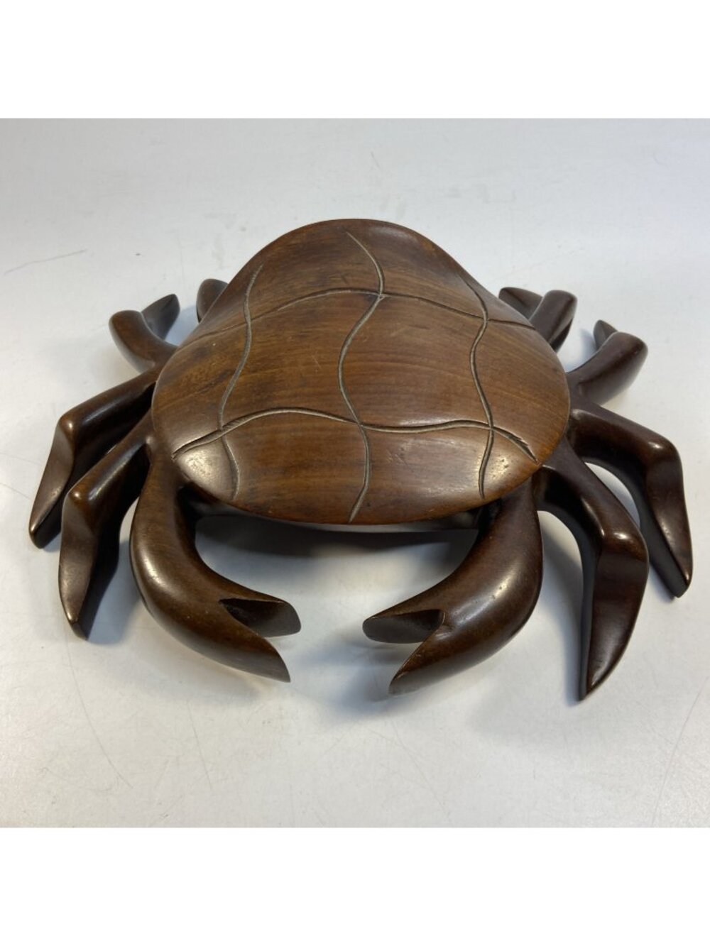 Vintage Hand Carved Mahogany Wood Crab Lidded Trinket Dish Bowl Haiti 10"